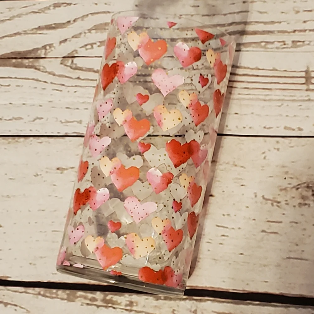 Clear glass vase with hearts and gold metallic dots red, pink, peach large